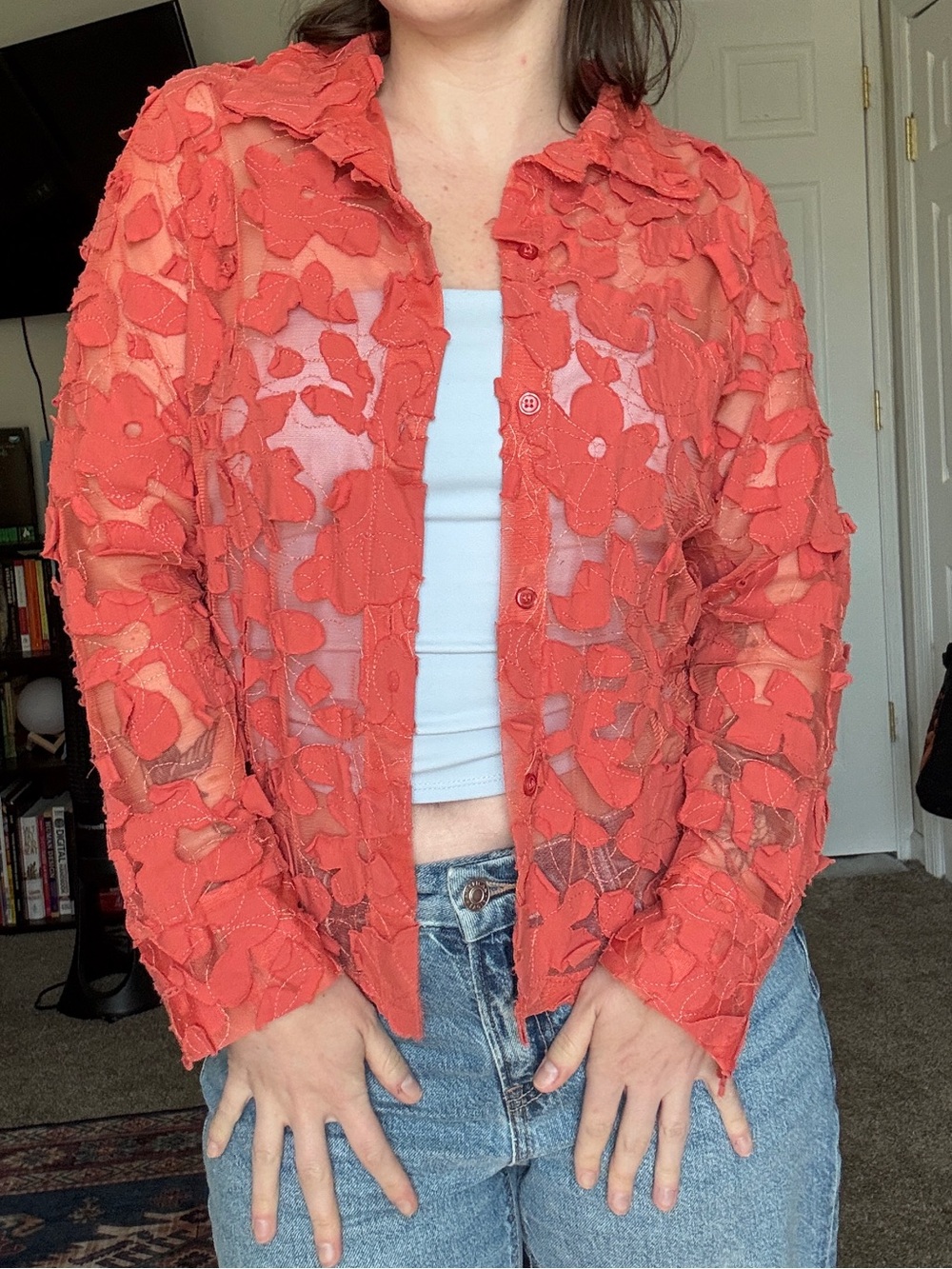 Textured Coral Sheer Button-Up Top